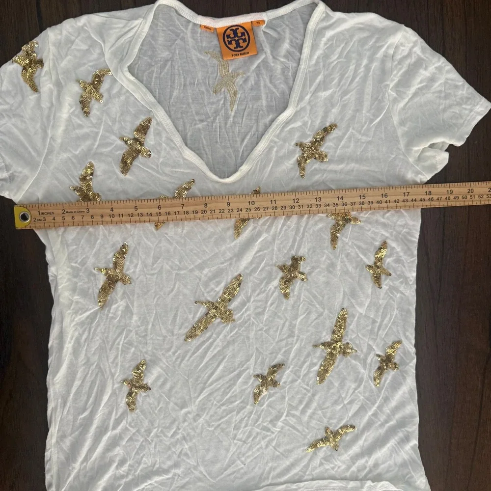 Tory Burch Ivory Modal Sequin Bird V-Neck T-Shirt XS Gold Nautical Coastal